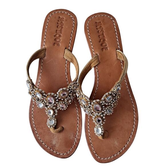 Mystique Crystal Embellished Jeweled Leather Wedge Sandals Tan Womens Size 7 - Picture 1 of 9
